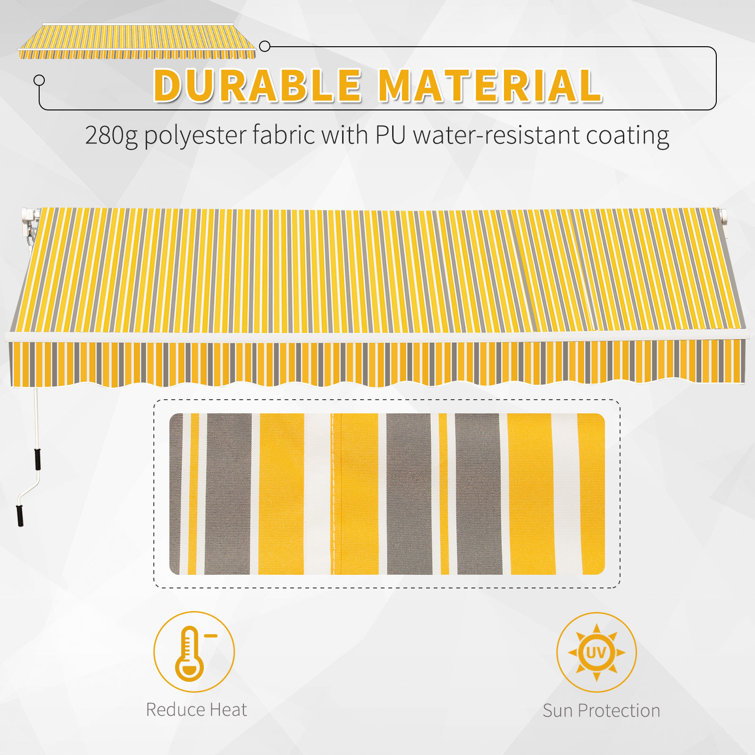 Yellow and Grey Striped Retractable Patio Awning with Aluminum Frame