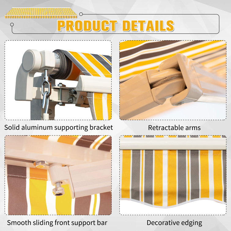 Yellow and Grey Striped Retractable Patio Awning with Aluminum Frame