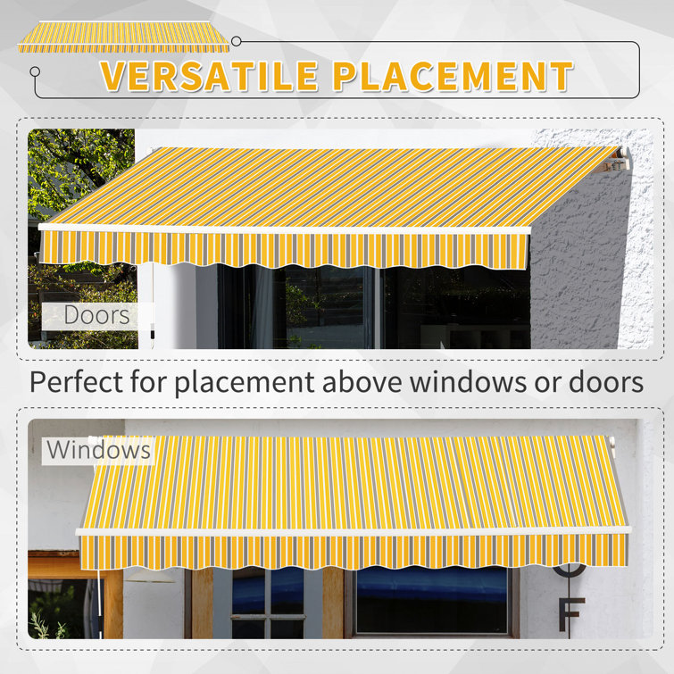 Yellow and Grey Striped Retractable Patio Awning with Aluminum Frame