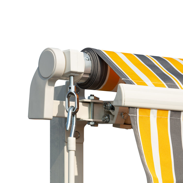 Yellow and Grey Striped Retractable Patio Awning with Aluminum Frame
