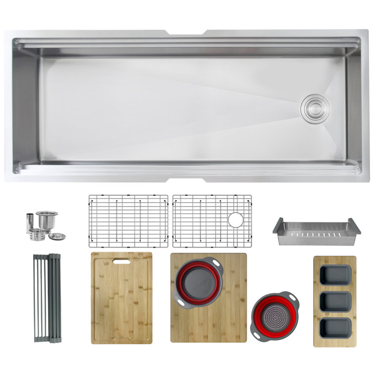 Versa STYLISH 45 inch Ledge Workstation Single Bowl Undermount 16G Kitchen Sink with Built in Accessories