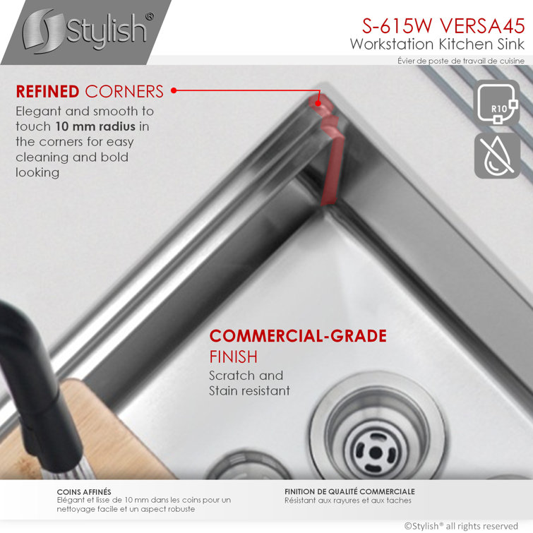 Versa STYLISH 45 inch Ledge Workstation Single Bowl Undermount 16G Kitchen Sink with Built in Accessories