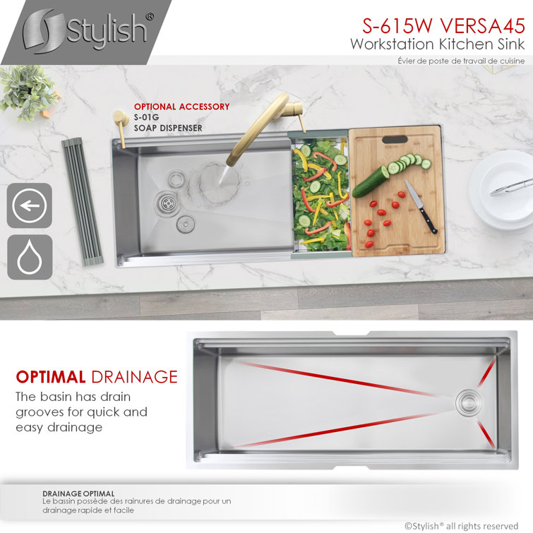 Versa STYLISH 45 inch Ledge Workstation Single Bowl Undermount 16G Kitchen Sink with Built in Accessories