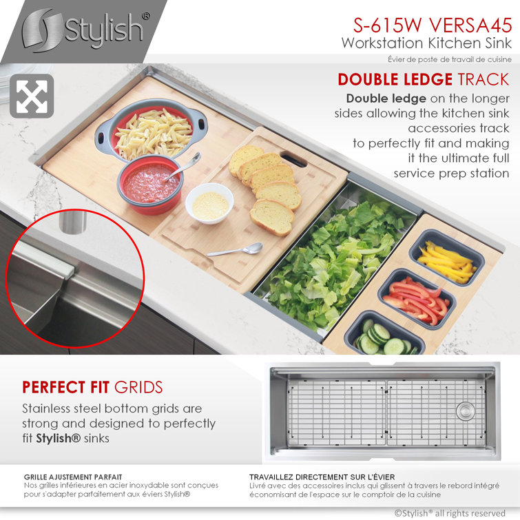 Versa STYLISH 45 inch Ledge Workstation Single Bowl Undermount 16G Kitchen Sink with Built in Accessories