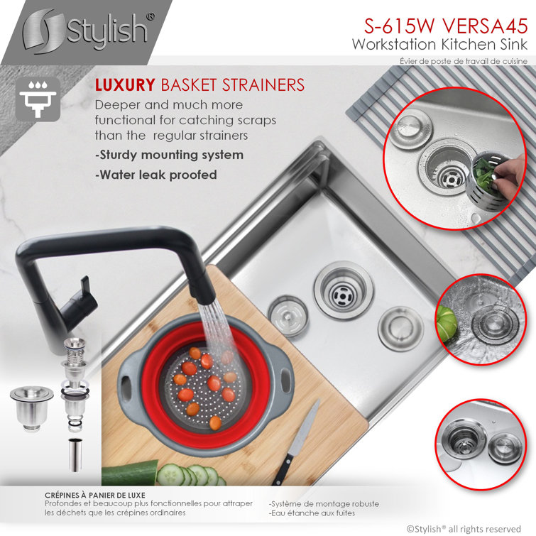 Versa STYLISH 45 inch Ledge Workstation Single Bowl Undermount 16G Kitchen Sink with Built in Accessories