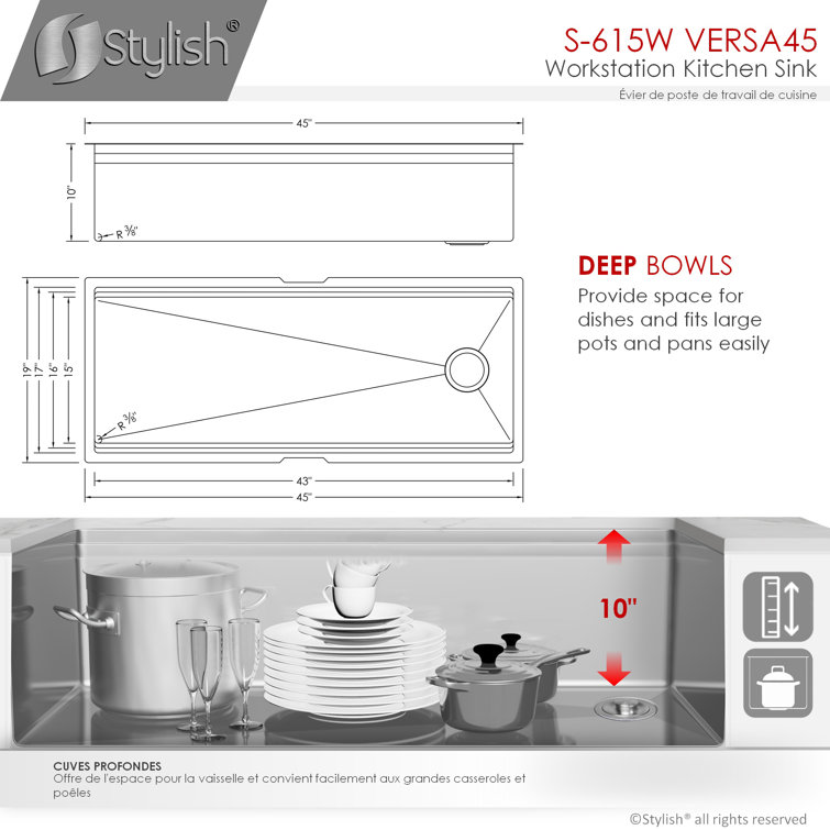 Versa STYLISH 45 inch Ledge Workstation Single Bowl Undermount 16G Kitchen Sink with Built in Accessories