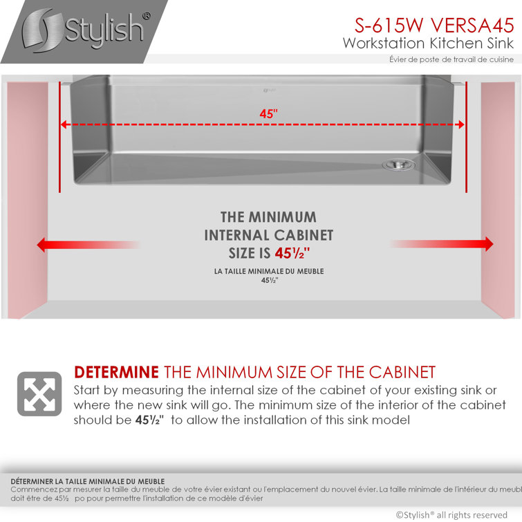Versa STYLISH 45 inch Ledge Workstation Single Bowl Undermount 16G Kitchen Sink with Built in Accessories