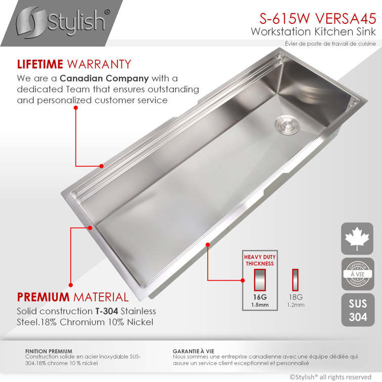 Versa STYLISH 45 inch Ledge Workstation Single Bowl Undermount 16G Kitchen Sink with Built in Accessories
