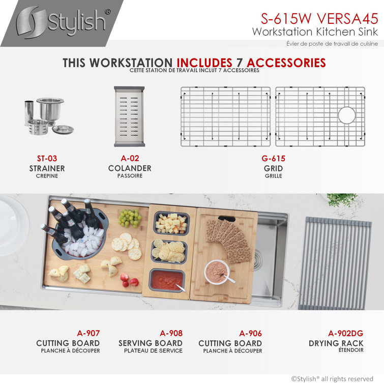 Versa STYLISH 45 inch Ledge Workstation Single Bowl Undermount 16G Kitchen Sink with Built in Accessories