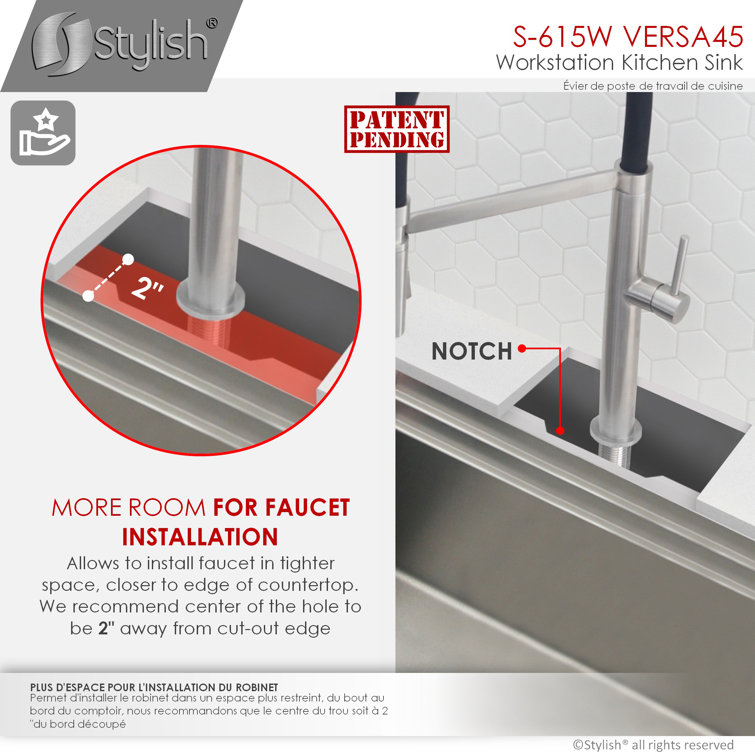 Versa STYLISH 45 inch Ledge Workstation Single Bowl Undermount 16G Kitchen Sink with Built in Accessories