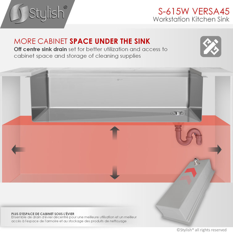 Versa STYLISH 45 inch Ledge Workstation Single Bowl Undermount 16G Kitchen Sink with Built in Accessories
