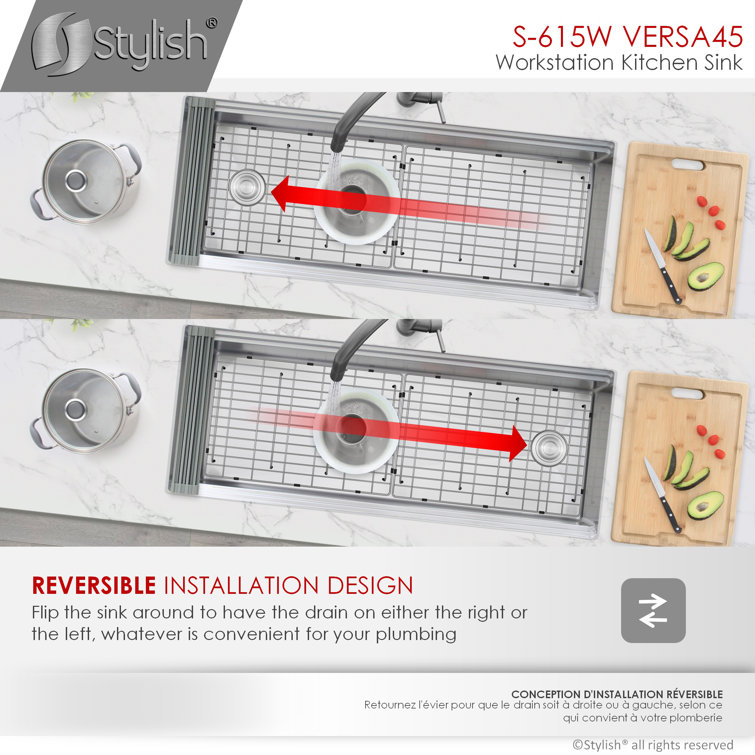 Versa STYLISH 45 inch Ledge Workstation Single Bowl Undermount 16G Kitchen Sink with Built in Accessories