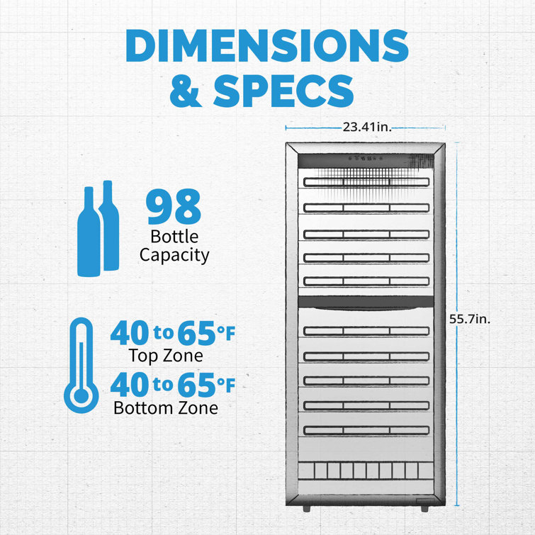98-Bottle Black and Silver Dual Zone Wine Cooler with Glass Door