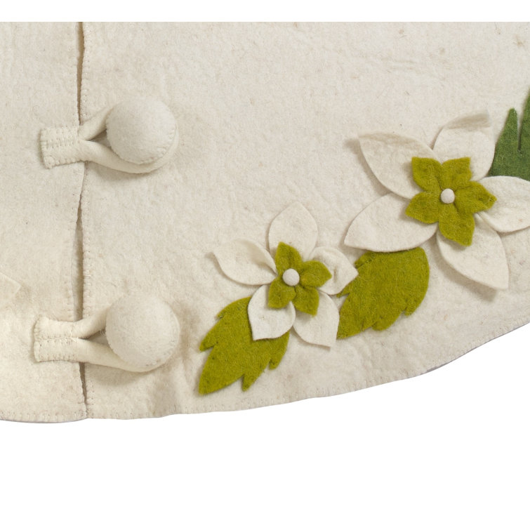 Handmade Cream Felt Christmas Tree Skirt with Greenery Border