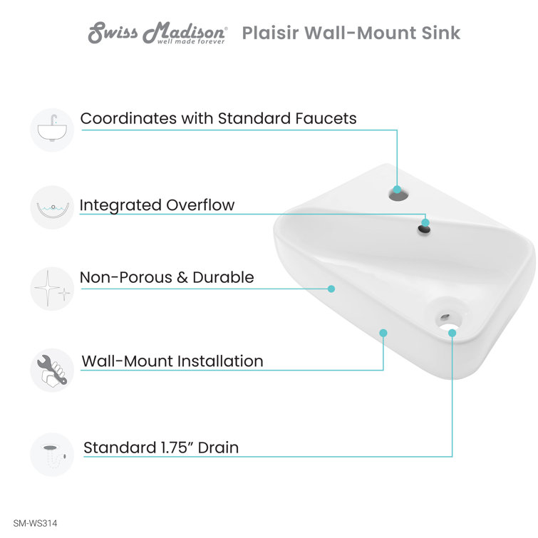 White Ceramic Wall-Mount Sink with Left Side Faucet
