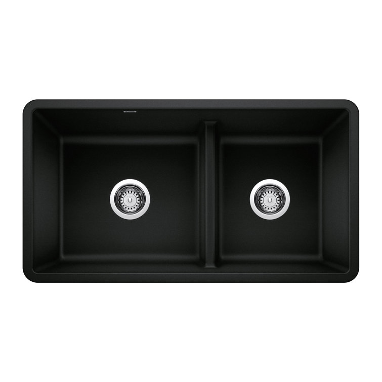Coal Black 33" Granite Composite Double Bowl Undermount Kitchen Sink