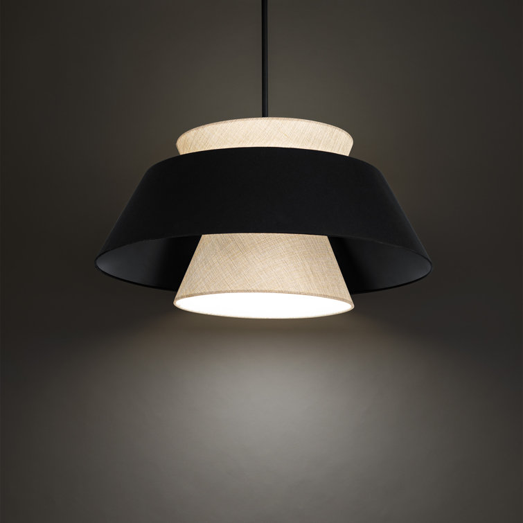 Rena Matte Black Aluminum LED Drum Pendant with Beige Fabric Shade