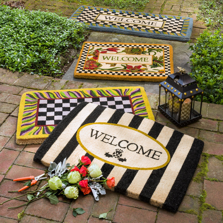 Black and Beige Coir Awning Stripe Welcome Mat