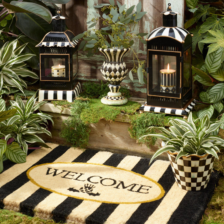 Large Black and White Striped Glass Candle Lantern