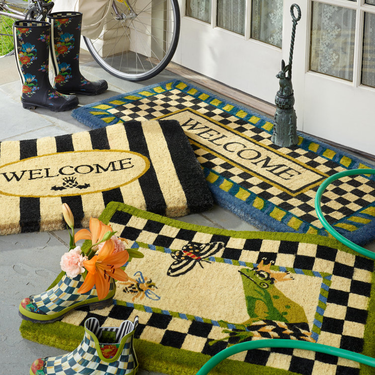 Black and Beige Coir Awning Stripe Welcome Mat
