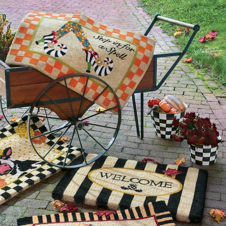 Black and Beige Coir Awning Stripe Welcome Mat