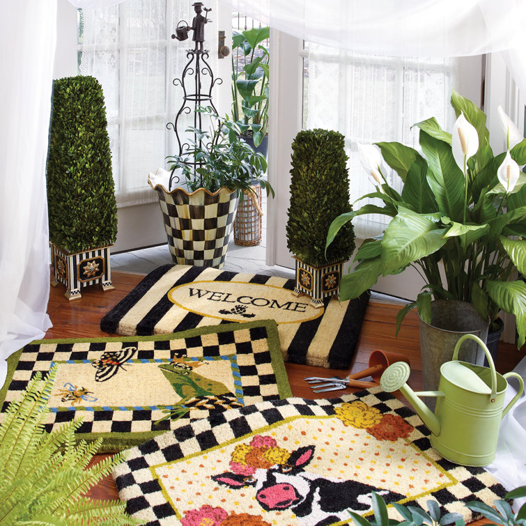 Black and Beige Coir Awning Stripe Welcome Mat