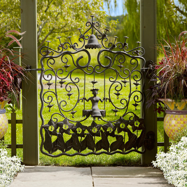Black Forged Iron Garden Gate with Decorative Swing