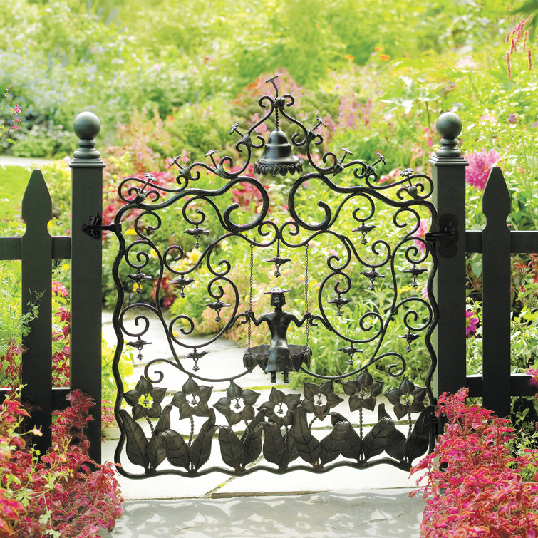 Black Forged Iron Garden Gate with Decorative Swing