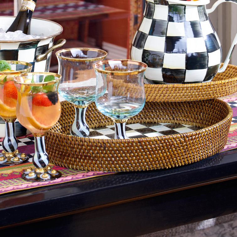 Large Black and White Checkered Rattan Serving Tray