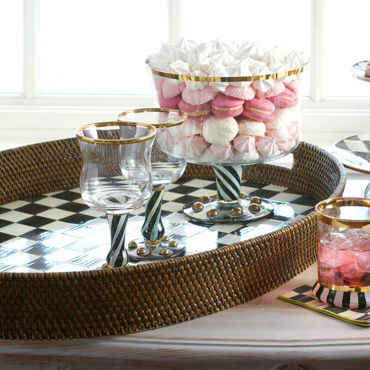 Large Black and White Checkered Rattan Serving Tray