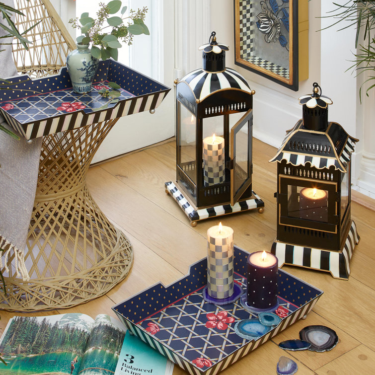 Large Black and White Striped Glass Candle Lantern
