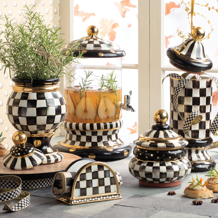 Handmade Black and White Ceramic Column Canister with Gold Accents