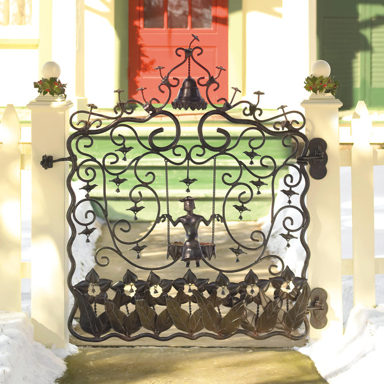 Black Forged Iron Garden Gate with Decorative Swing
