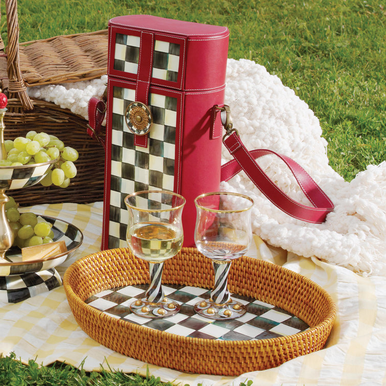 Large Black and White Checkered Rattan Serving Tray