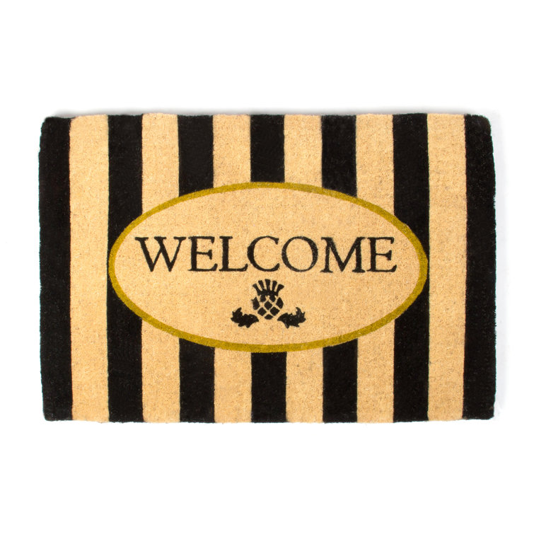 Black and Beige Coir Awning Stripe Welcome Mat