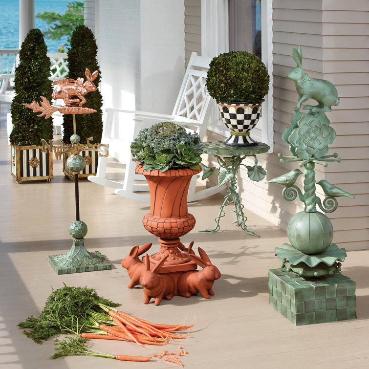 Verdigris Patina Rabbit Garden Totem with Birds and Blossom