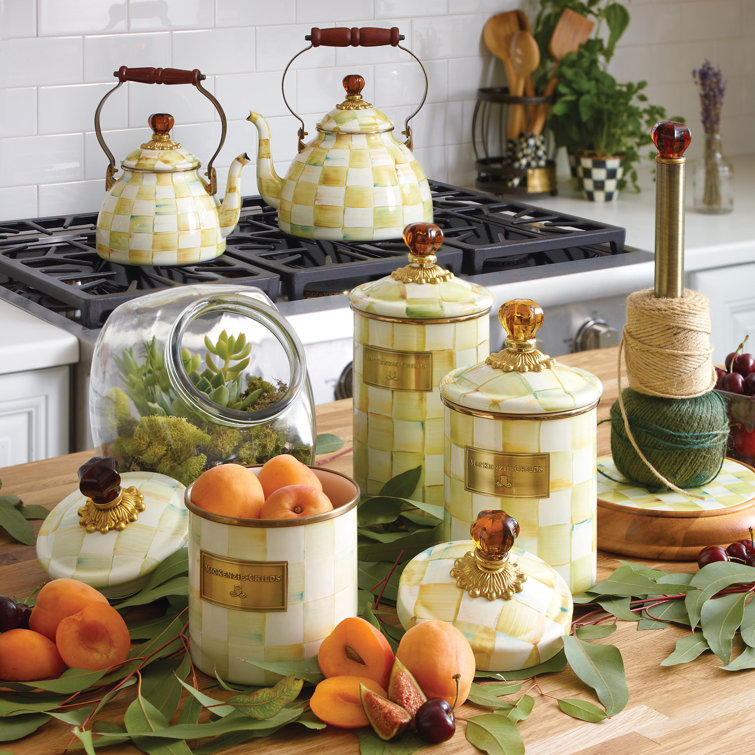 Yellow and Cream Enamel Checkered 3-Quart Tea Kettle