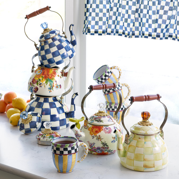 Yellow and Cream Enamel Checkered 3-Quart Tea Kettle