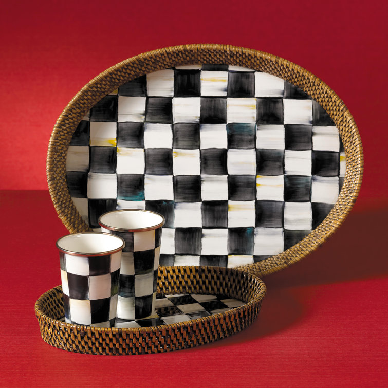 Large Black and White Checkered Rattan Serving Tray
