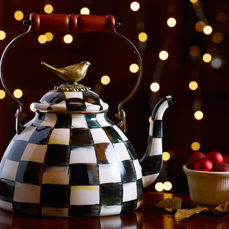 Courtly Check Enamel 3 Quart Whistling Tea Kettle with Bird Knob