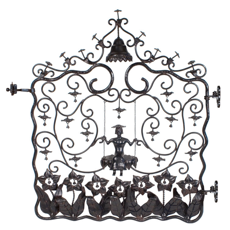 Black Forged Iron Garden Gate with Decorative Swing