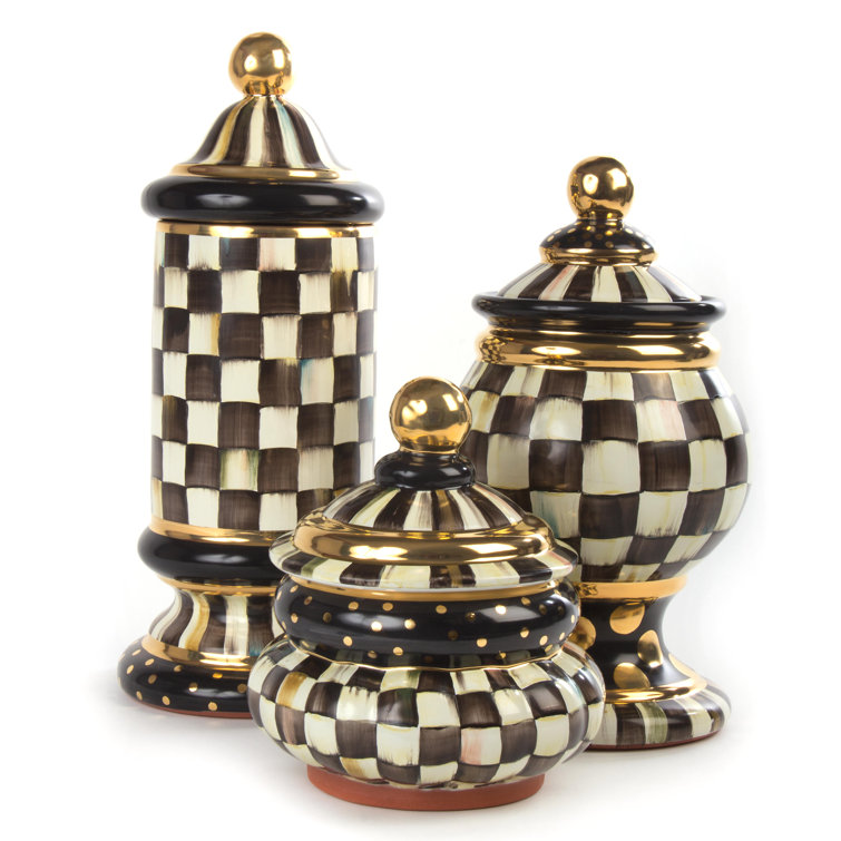 Handmade Black and White Ceramic Column Canister with Gold Accents