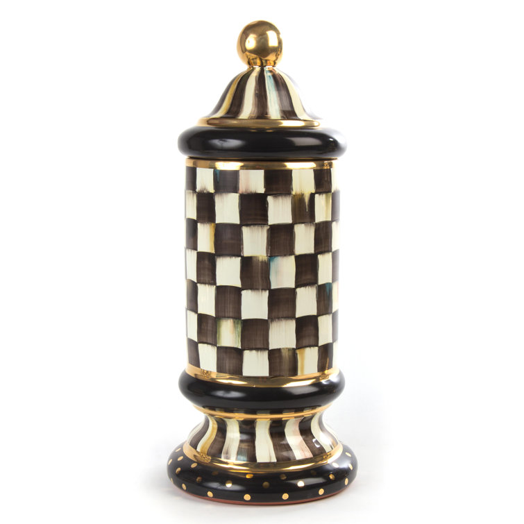 Handmade Black and White Ceramic Column Canister with Gold Accents