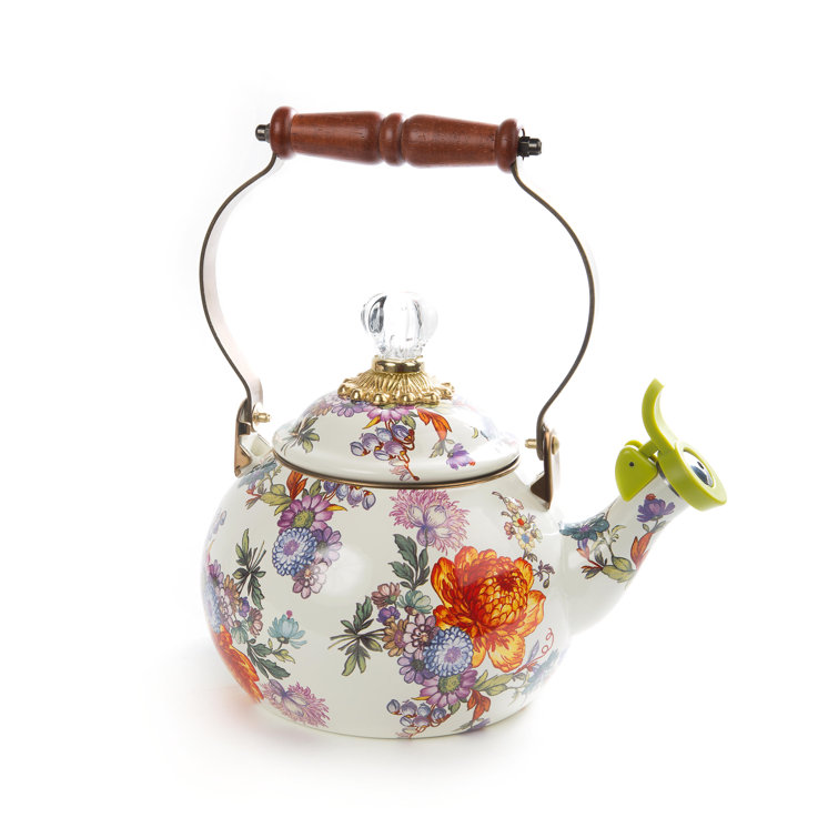 Extra Small Floral Enamel Whistling Tea Kettle with Wooden Handle