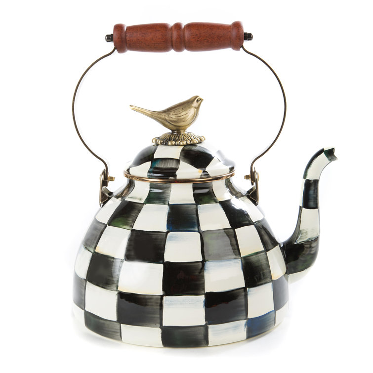 Courtly Check Enamel 3 Quart Whistling Tea Kettle with Bird Knob
