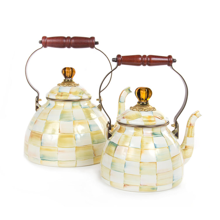 Yellow and Cream Enamel Checkered 3-Quart Tea Kettle
