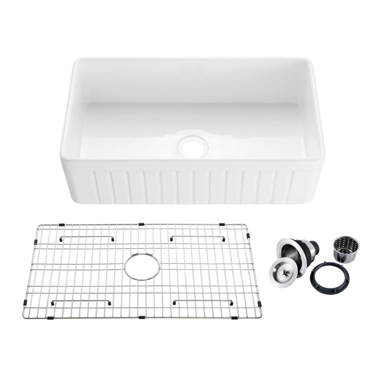 Elegant White Fireclay Farmhouse Kitchen Sink with Grid and Strainer