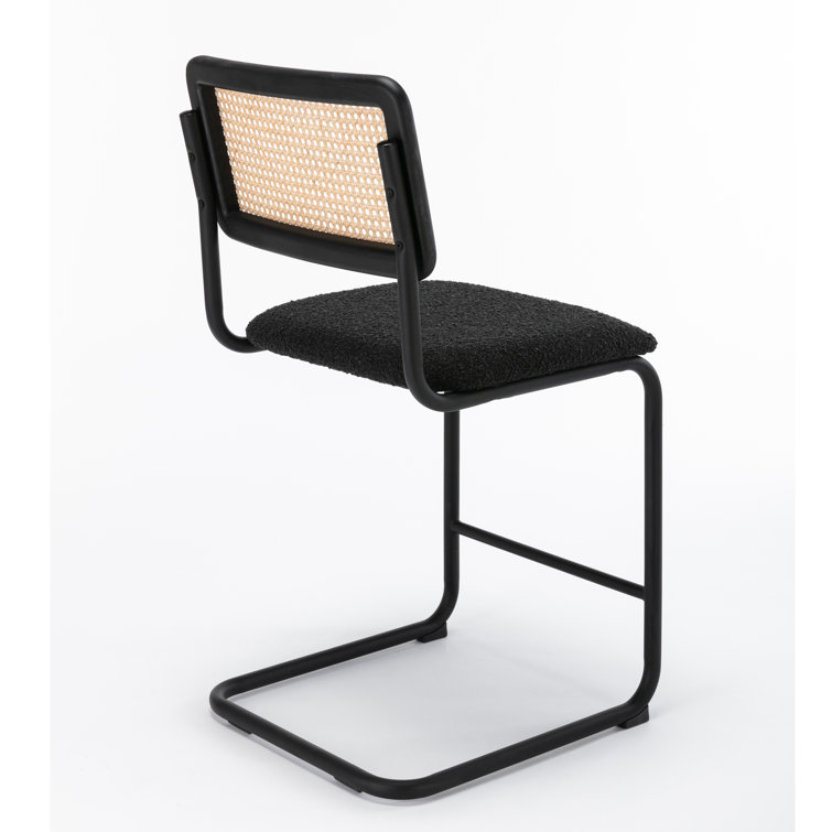 Black Boucle Upholstered Counter Stools with Cane Backrest, Set of 2