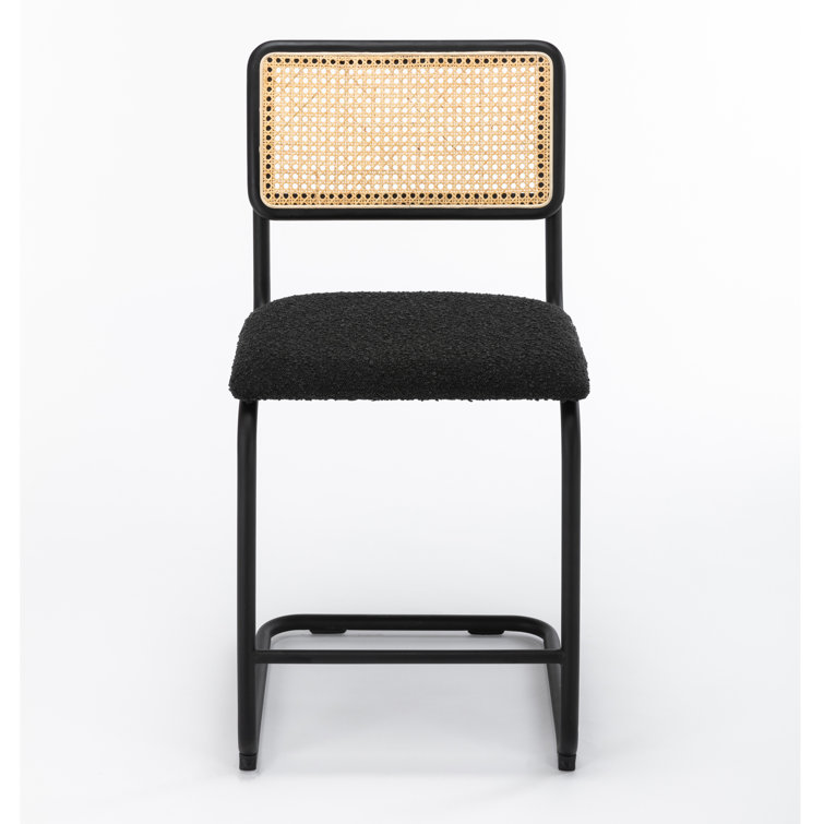 Black Boucle Upholstered Counter Stools with Cane Backrest, Set of 2