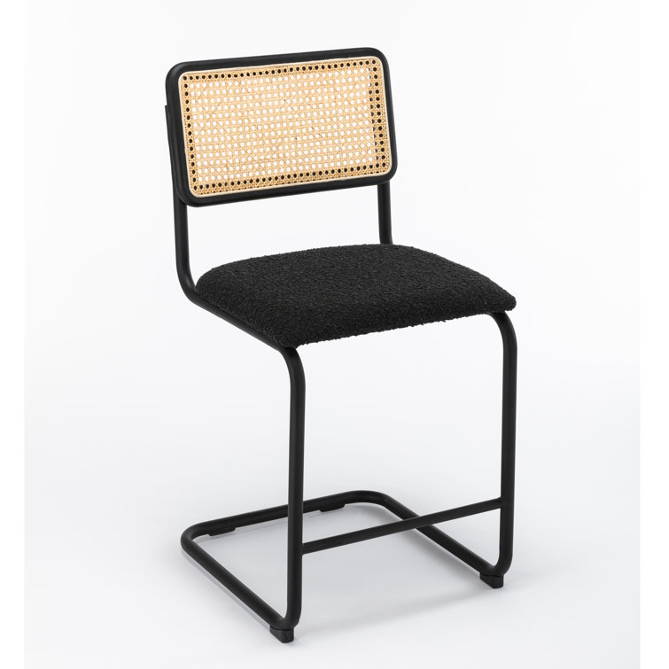 Black Boucle Upholstered Counter Stools with Cane Backrest, Set of 2